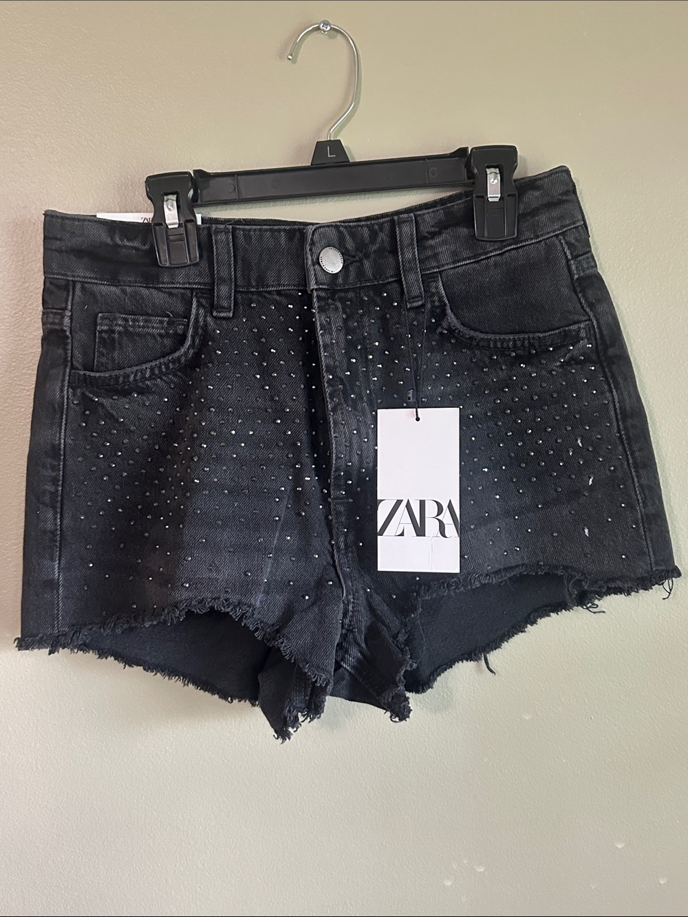 ZARA Black Studded Frayed Hem Denim Shorts